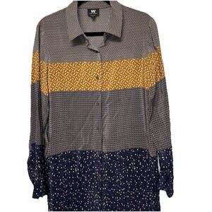 100% Silk Button Down Tunic Top Shirt Dress Womens‎ S Funky Geometric Paisley